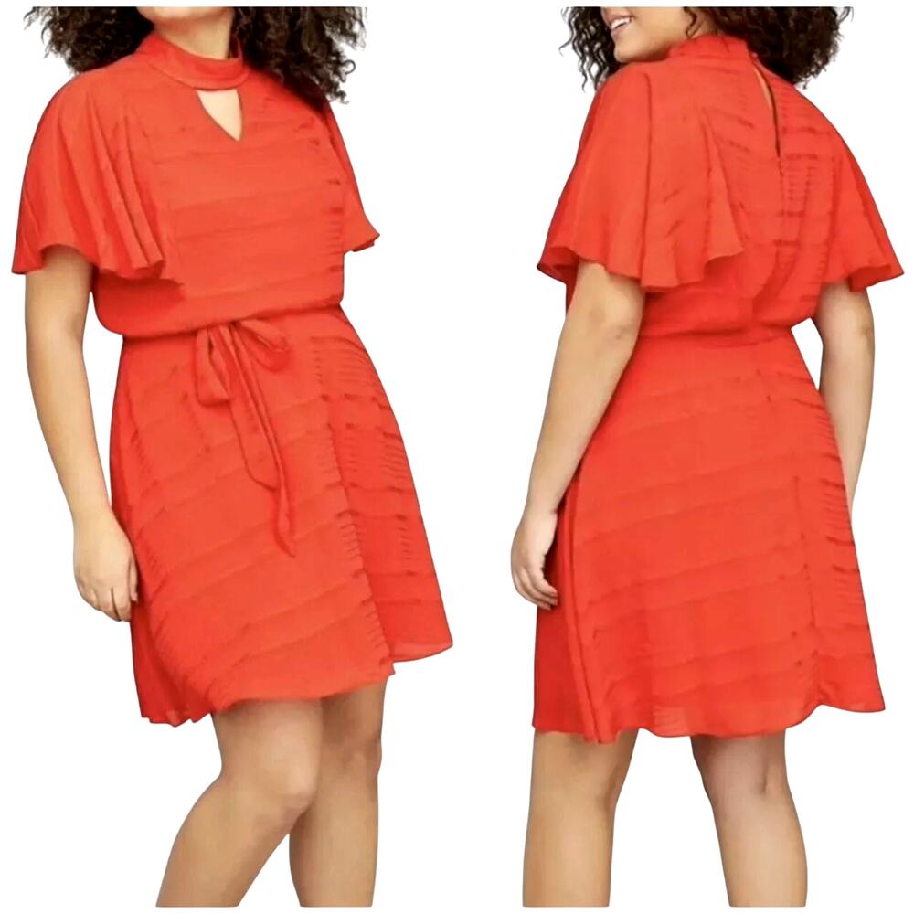 Lane Bryant Womens Flutter Sleeve Tie Waist Dress Plus Size 24 Red Texture Flowy